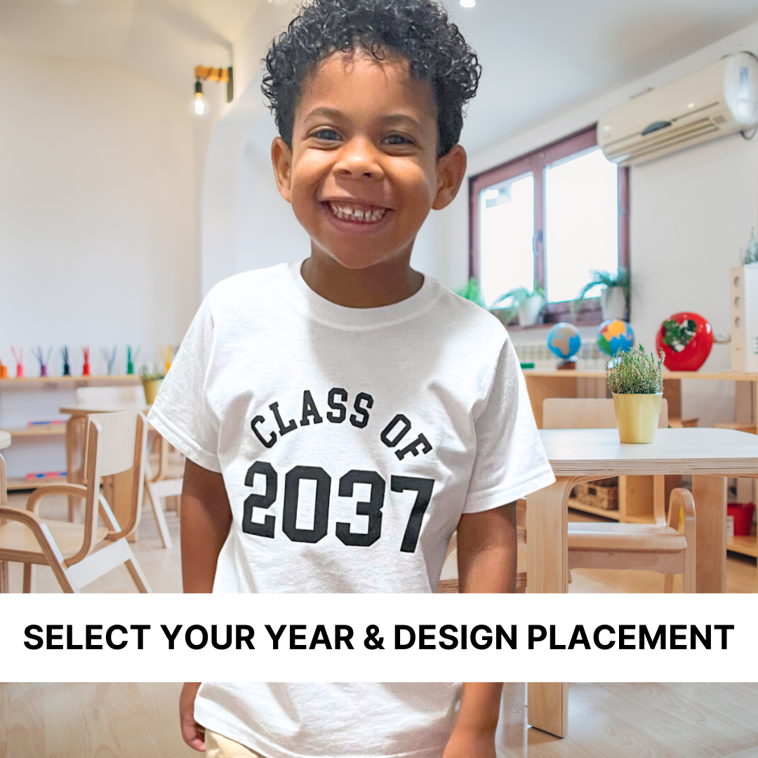 Kids graphic tee with their selected graduation year printed wither on the center or left chest by Branded & Labeled