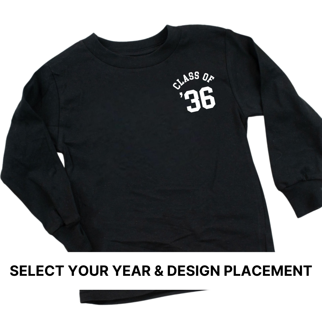Kids long sleeve graphic tee with their selected graduation year printed on the left or center chest by Branded & Labeled