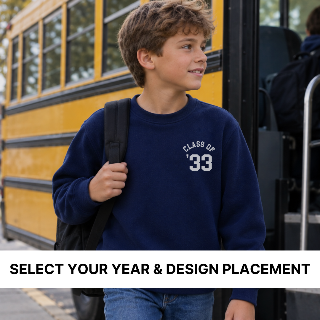 KIDS FLEECE PULLOVER WITH THEIR SELECTED CLASS YEAR PRINTED ON THE FRONT LEFT CHEST OR CENTER CHEST