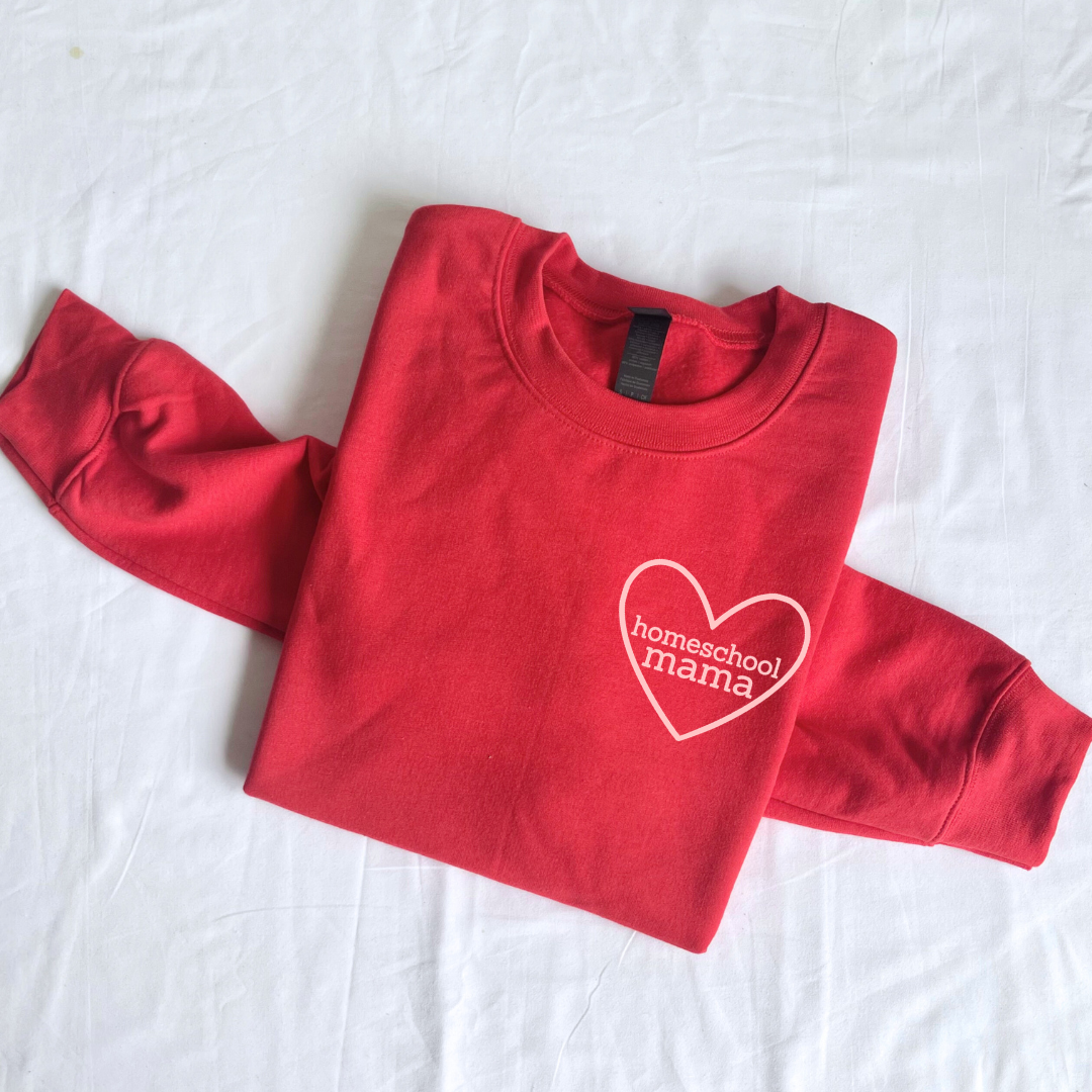 Red fleece pullover with "homeschool mama" text inside a heart outline on the left chest from Branded & Labeled