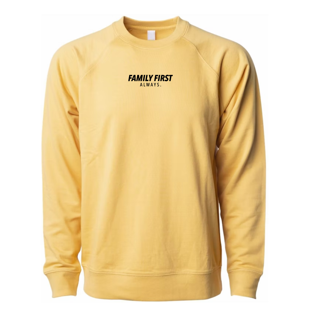 golden yellow luxe terry crew with "Family First Always" printed subtly near the collar in black ink