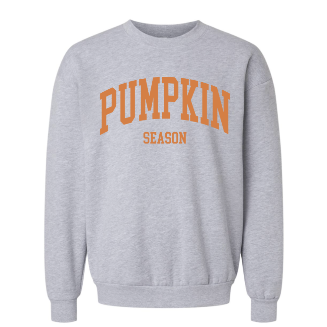 Stock photo of a heather light gray fleece pullover with Pumpkin Season design text across the front from Branded & Labeled