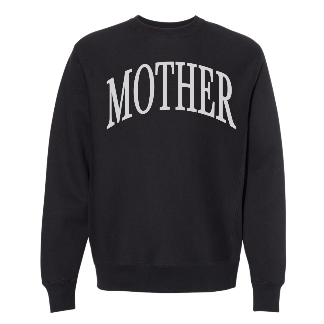 Adult fleece pullover featuring oversized “MOTHER” text in a classic serif font, clean and elevated design.