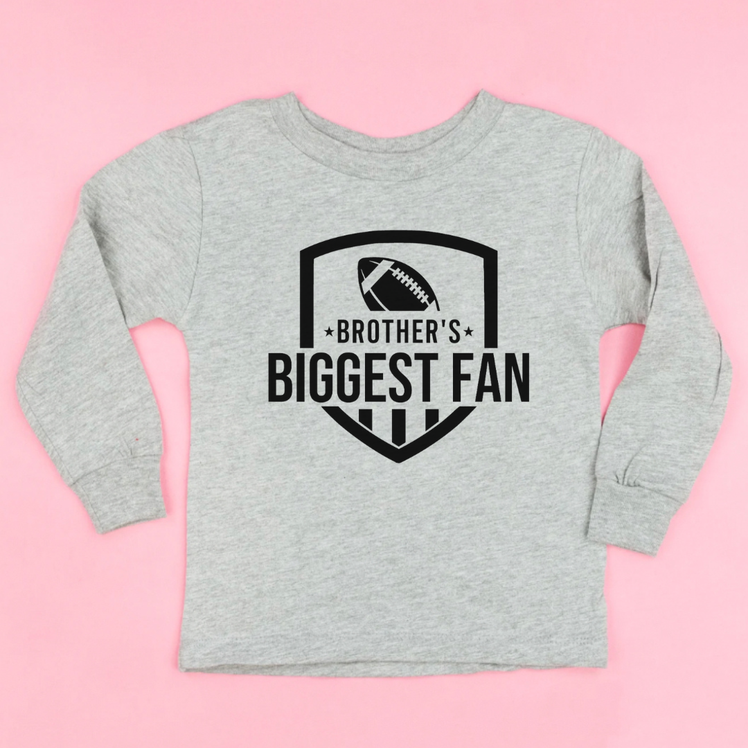 Kids long sleeve tee with Brother's Biggest Fan graphic on front center chest