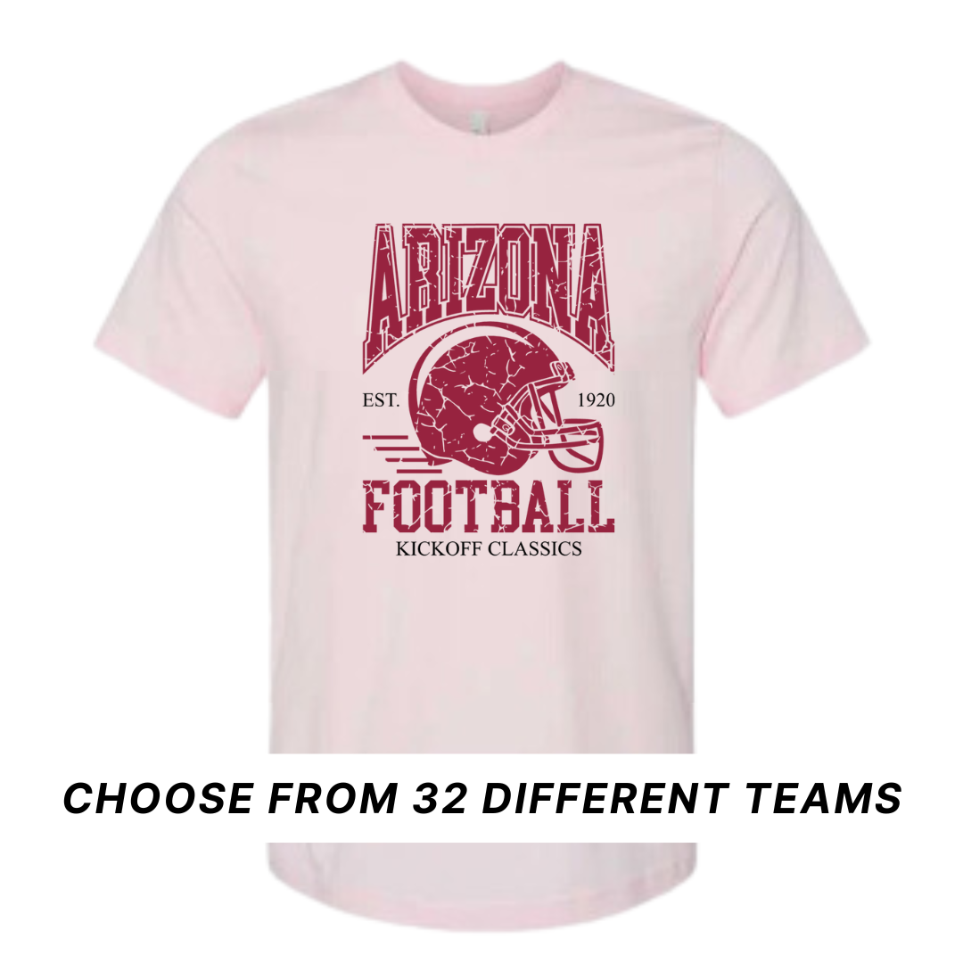 soft pink short sleeve adult tee with Arizona Football graphic design l graphic design and a banner going across indicating that you can choose from 32 different team designs