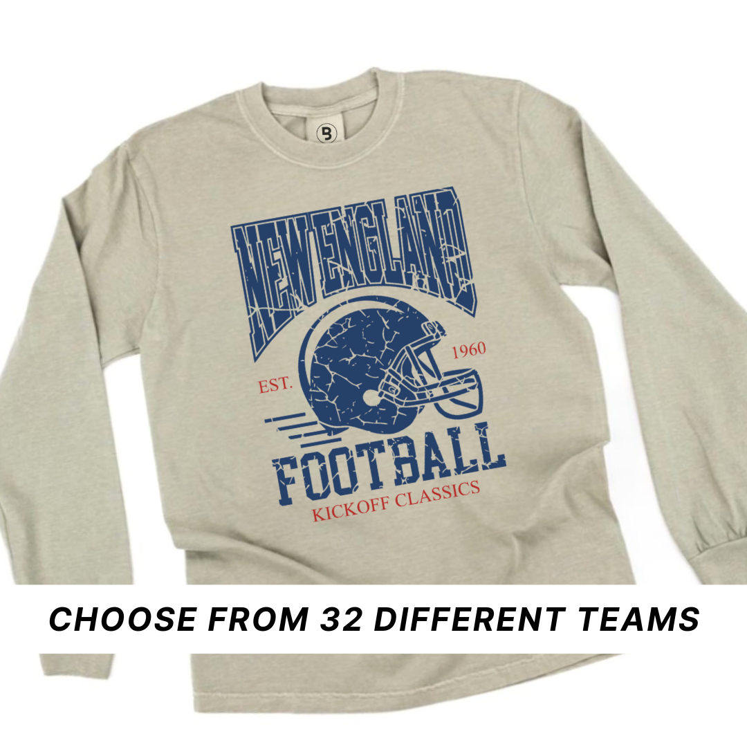 flat lay of the premium long sleeve with the kickoff classics design featuring the NEw England Football with a banner indicating that you can choose your team