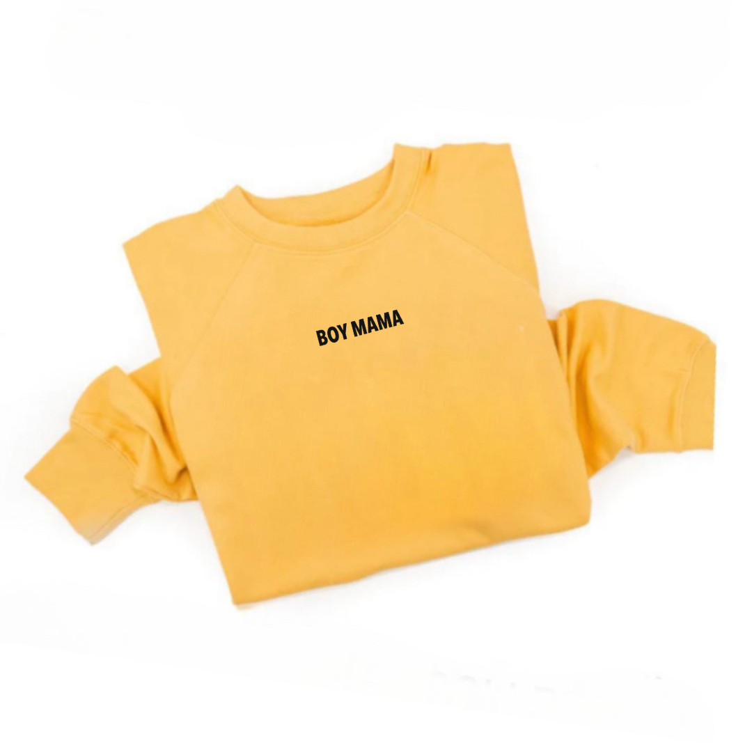 Elevated Luxe Terry crew with "boy Mama" printed subtly near the collar from Branded & Labeled