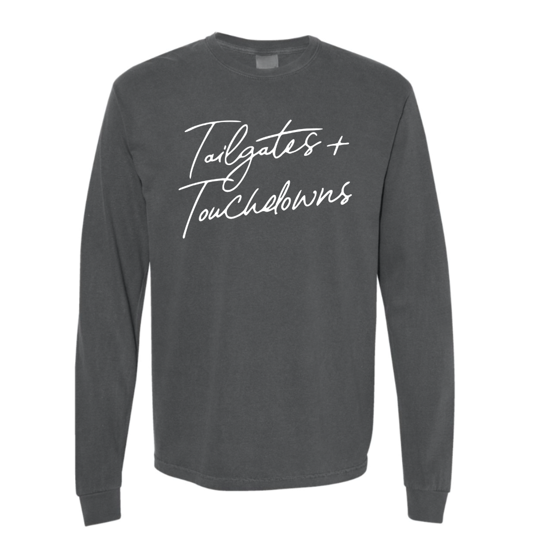 Adult premium long sleeve with "Tailgates & Touchdowns" graphic on the front from Branded & Labeled