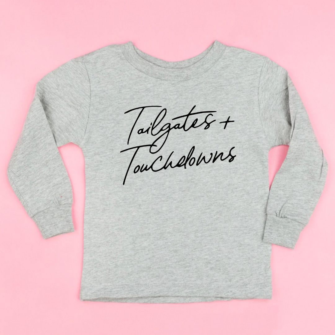 Kids long sleeve shirt with "Tailgates & Touchdowns" graphic from Branded & Labeled