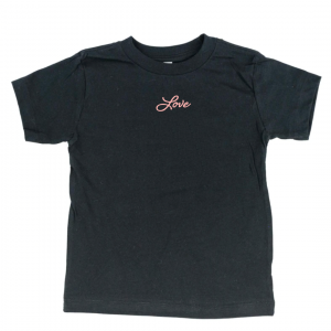 black kids short sleeve tee with the word "Love" written in a cursive script font in pink ink printed center chest subtly just under the collar