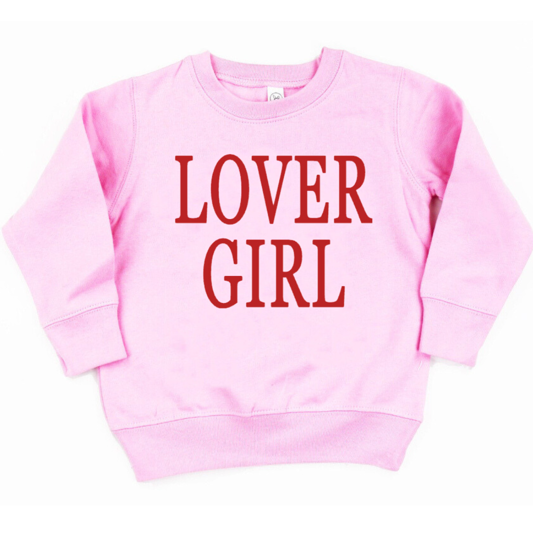kids pink fleece pullover with the red Lover Girl graphic design