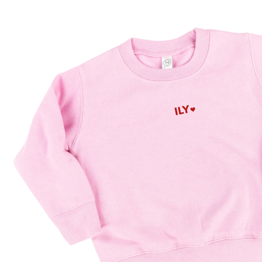 flat lay showing our kids pink fleece pullover with the ILLY graphic design