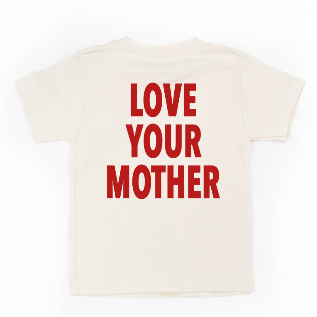 kids natural colored tee with "Love Your Mother" graphic design on back of shirt