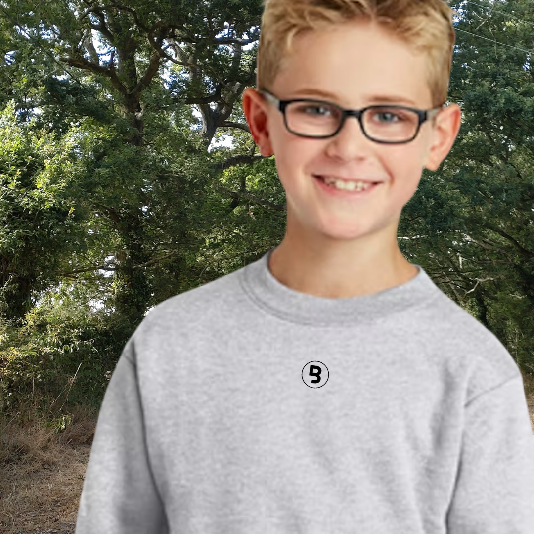 young little boy modeling a heather light gray fleece pullover with the Signature Branded & Labeled logo printed on the front subtly near the collar