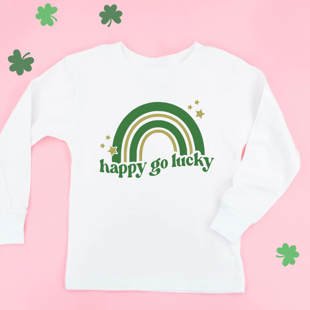 Kids white long sleeve shirt with a green and gold rainbow and text that reads "Happy Go Lucky" underneath