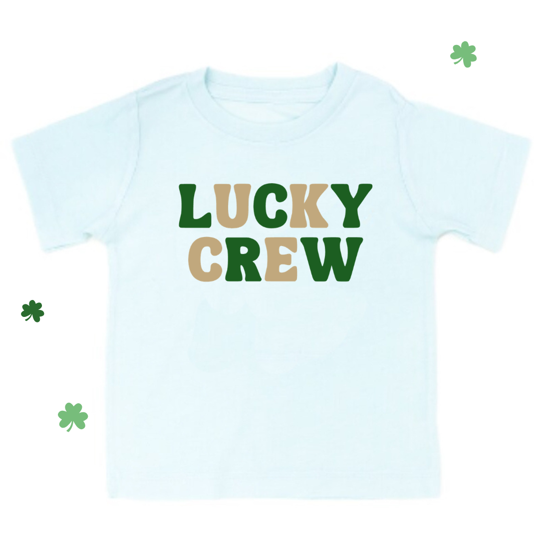ice blue kids tee with Lucky Crew printed in a bold alternating color font (green and gold)