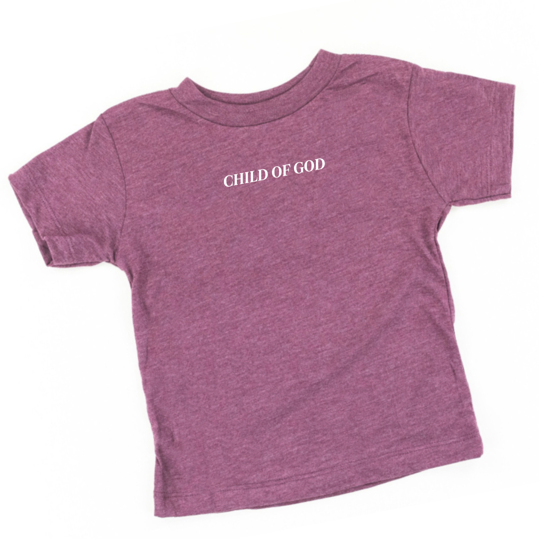 kids graphic tee showing the phrase “Child of God” printed on the front chest from Branded & Labeled.