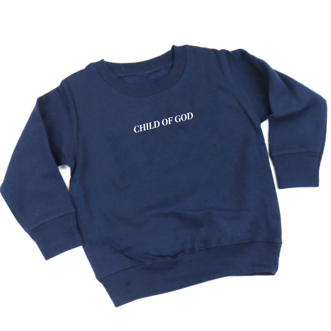 Kids fleece pullover featuring “Child of God” printed on the front chest from Branded & Labeled.