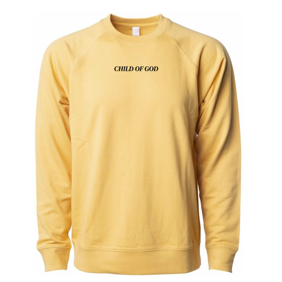 Adult Luxe Terry Crew featuring “Child of God” printed on the front chest from Branded & Labeled.