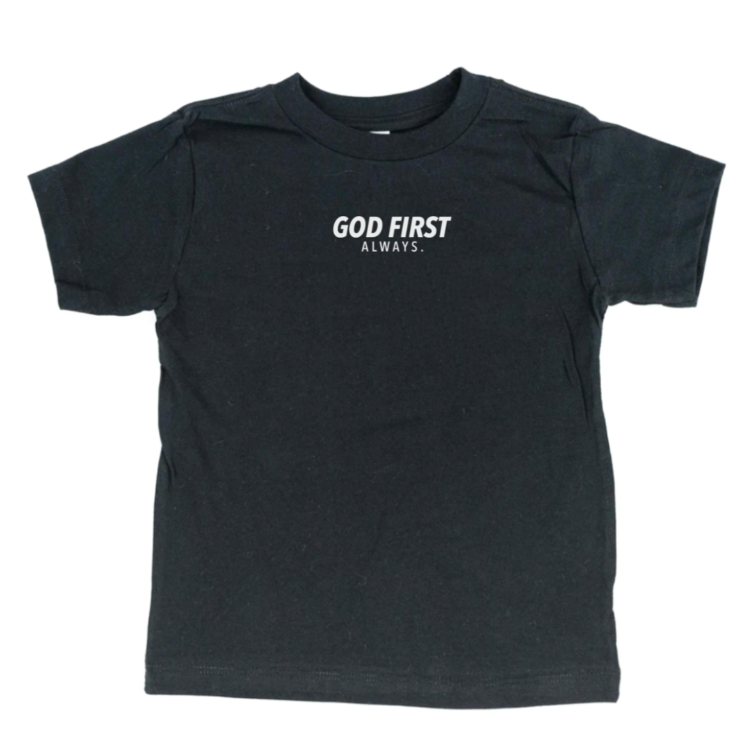 Kids graphic tee featuring subtle front chest text “God First, Always” from Branded & Labeled.