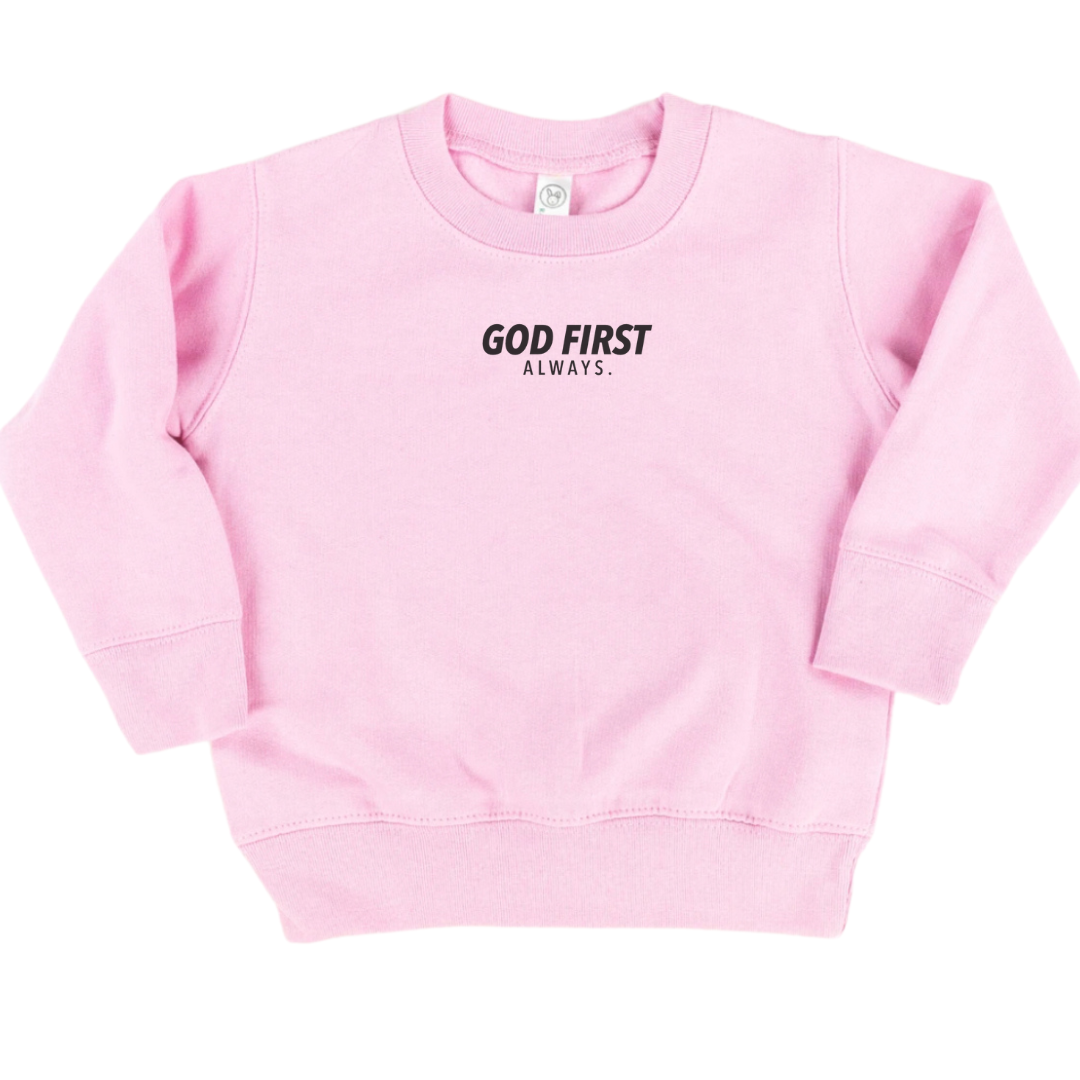 Kids fleece pullover featuring subtle front chest text “God First, Always” from Branded & Labeled.