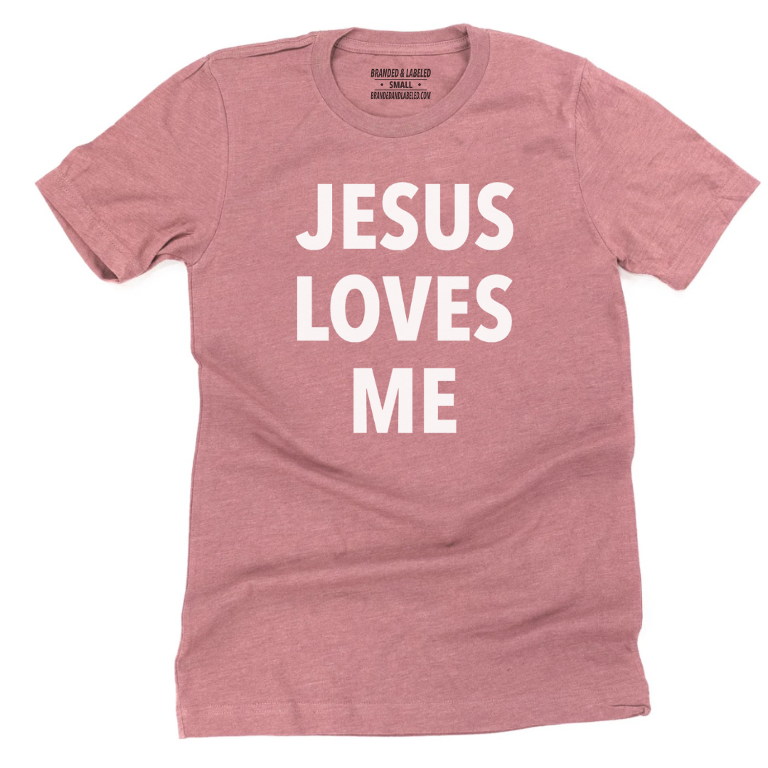 Adult everyday graphic tee featuring the phrase “Jesus Loves Me” printed on the front from Branded & Labeled.