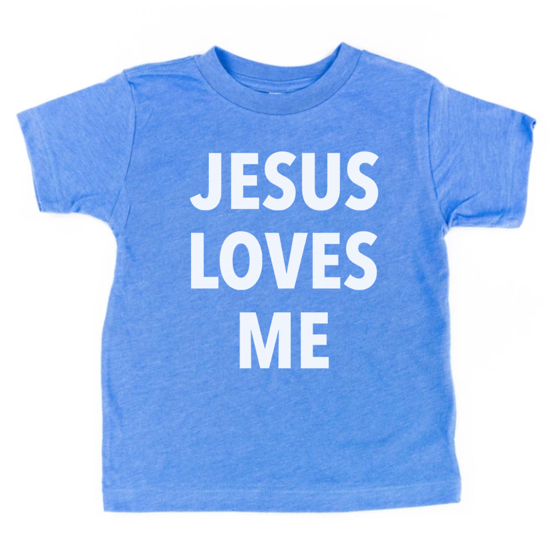 Kids graphic tee featuring the phrase “Jesus Loves Me” printed on the front from Branded & Labeled.