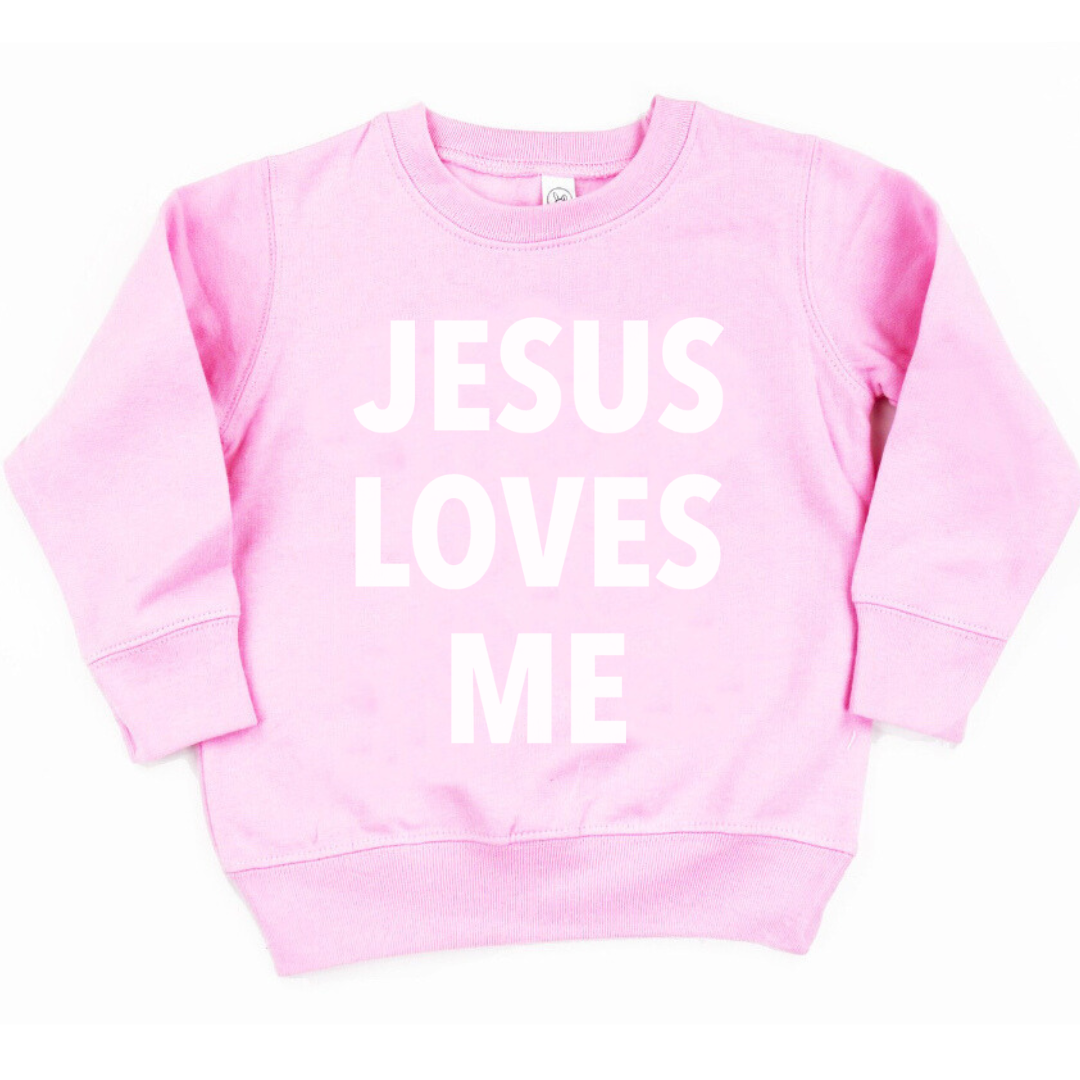 Kids fleece pullover featuring the phrase “Jesus Loves Me” printed on the front from Branded & Labeled.