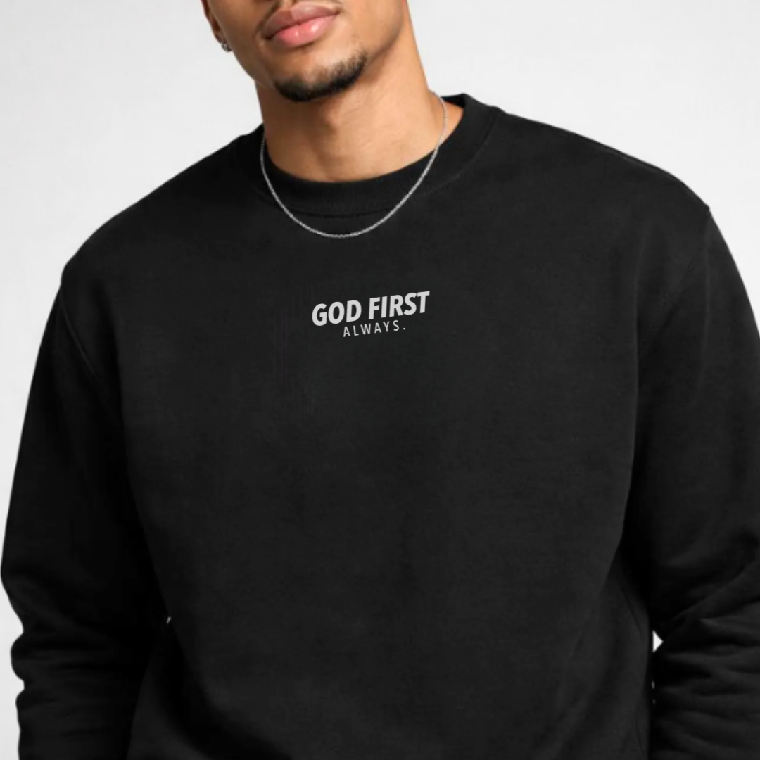 Adult fleece pullover featuring subtle front chest text “God First, Always” from Branded & Labeled.