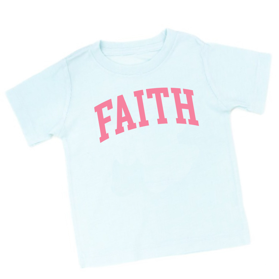 Big Faith kids’ graphic tee in ice blue with bold rose pink varsity lettering, comfortable spring tee for kids