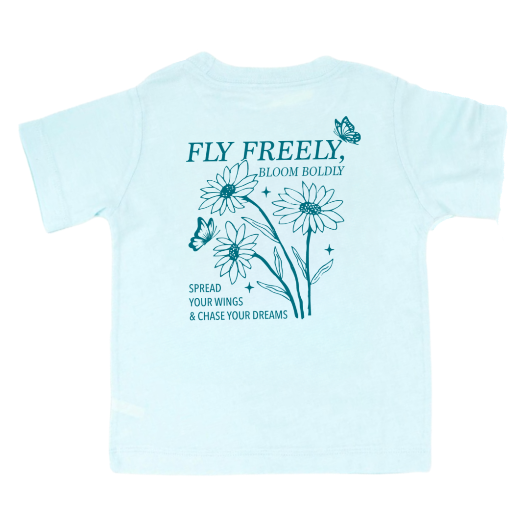 Kids graphic tee featuring the back design “Fly Freely, Bloom Boldly. Spread Your Wings and Chase Your Dreams” from the Branded & Labeled spring collection.
