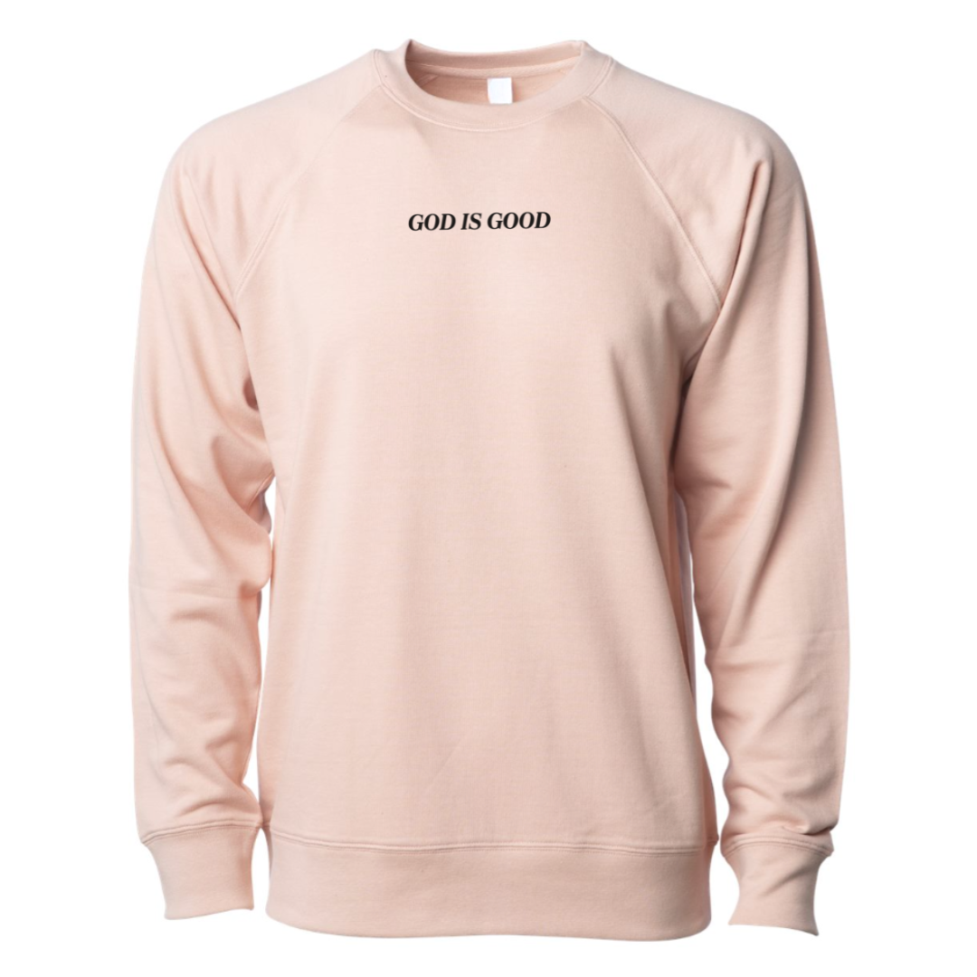 Adult Luxe Terry Crew featuring the phrase “God Is Good” printed on the front from Branded & Labeled.