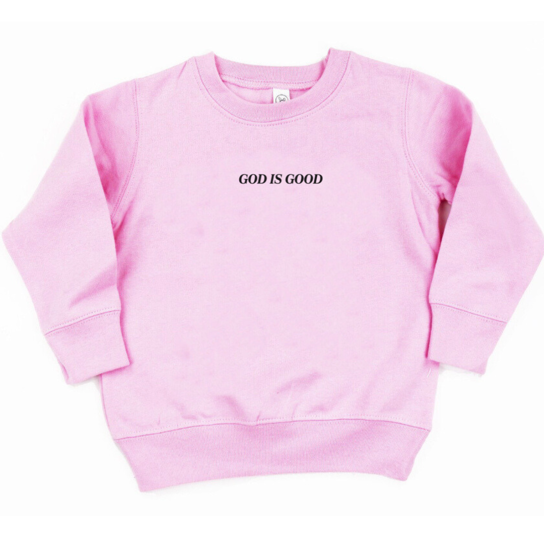 Kids fleece pullover featuring the phrase “God Is Good” printed on the front from Branded & Labeled.