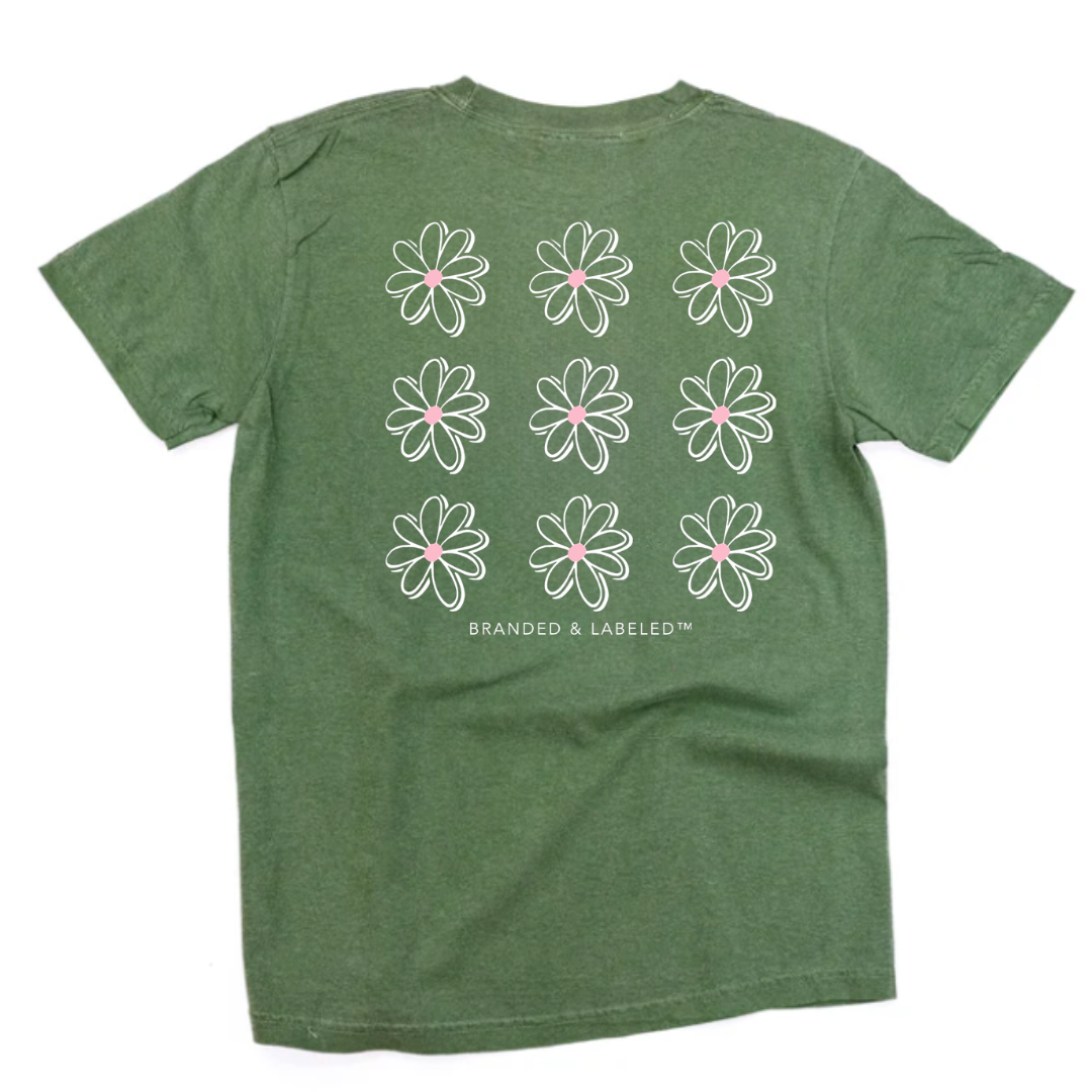 Back of graphic tee featuring nine floral illustrations in a grid with subtle “Branded & Labeled” text underneath.