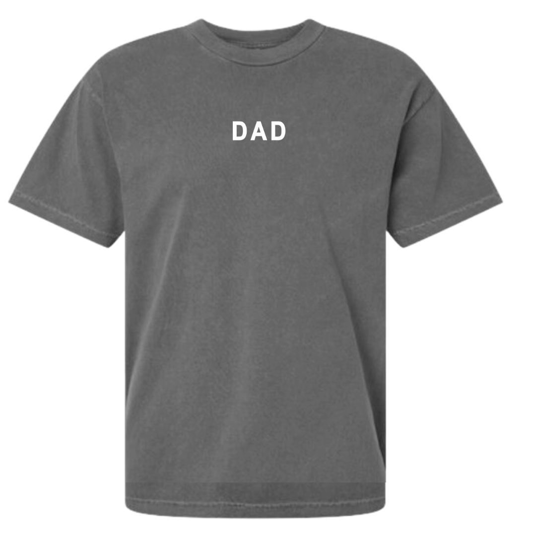 Premium adult tee with Dad subtly printed near the collar