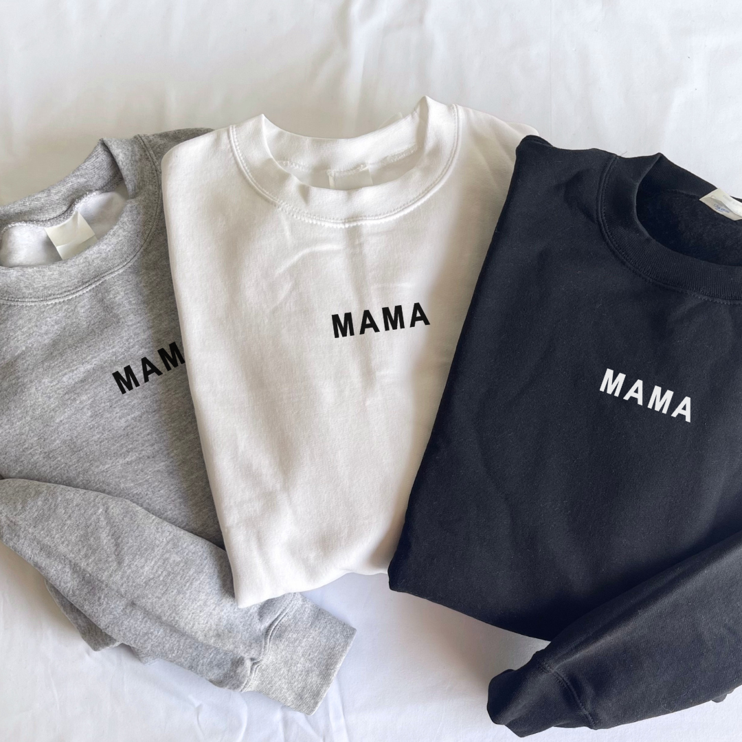 elevated basics fleece pullovers with "Mama" subtly printed near the collar from Branded & Labeled