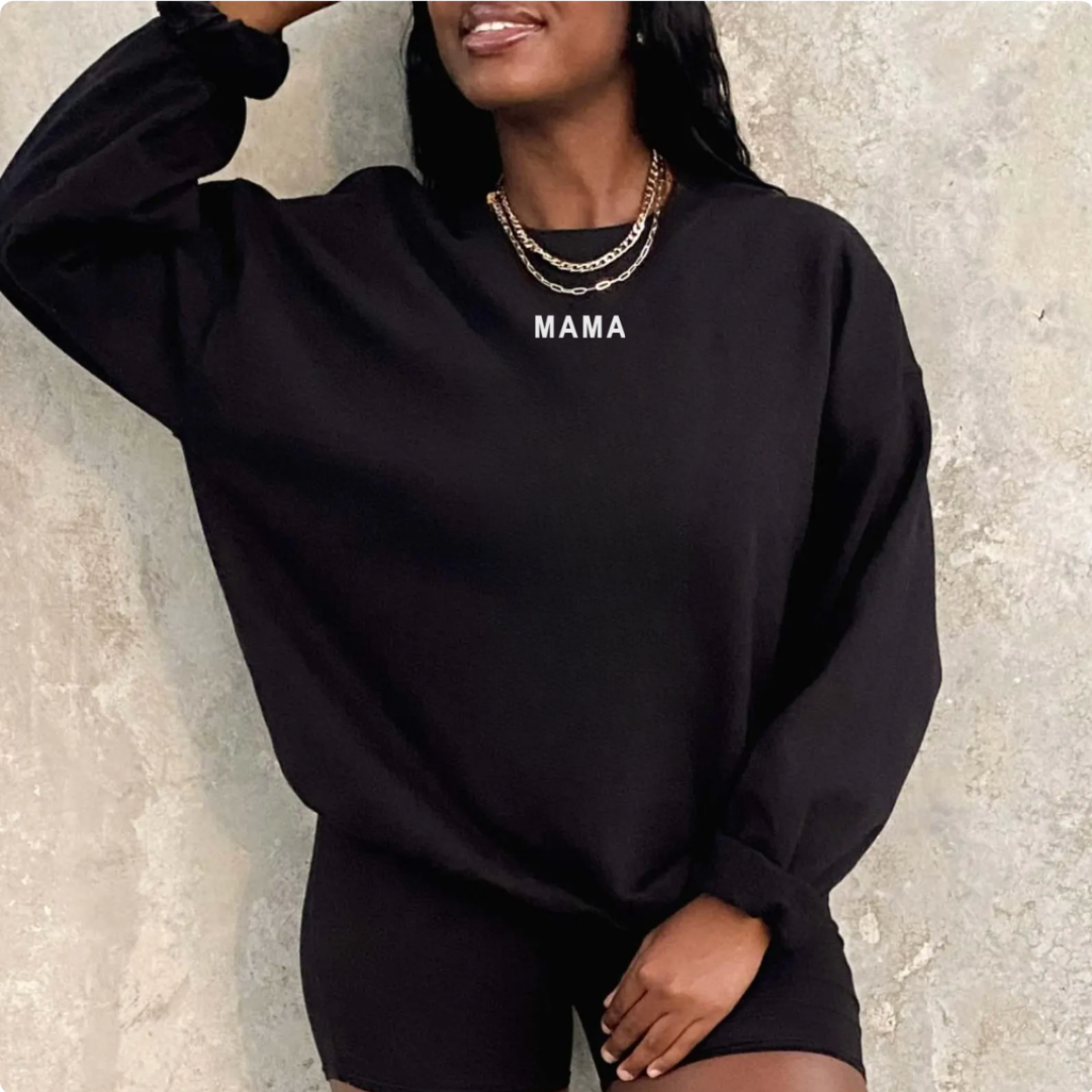 woman wearing the Mama elevated basics fleece pullover from Branded & Labeled