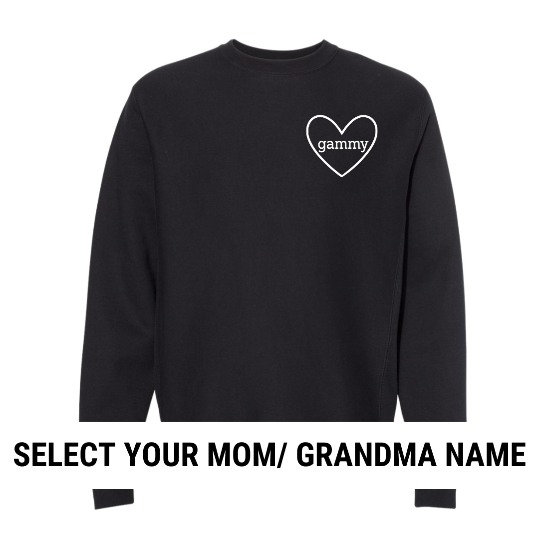 fleece pullover featuring a heart design with personalized titles such as mama, gigi, or grandma printed on the left chest from Branded & Labeled.
