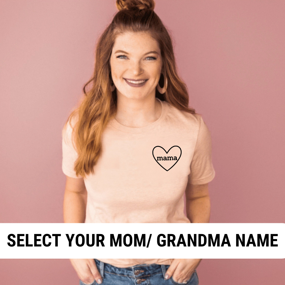 everyday graphic tee featuring a heart design with personalized titles such as mama, gigi, or grandma printed on the left chest from Branded & Labeled.