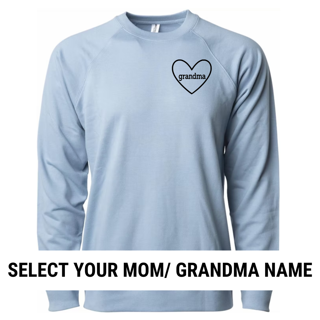 Luxe Terry Crew featuring a heart design with personalized title options such as mama, gigi, or grandma printed on the left chest from Branded & Labeled.