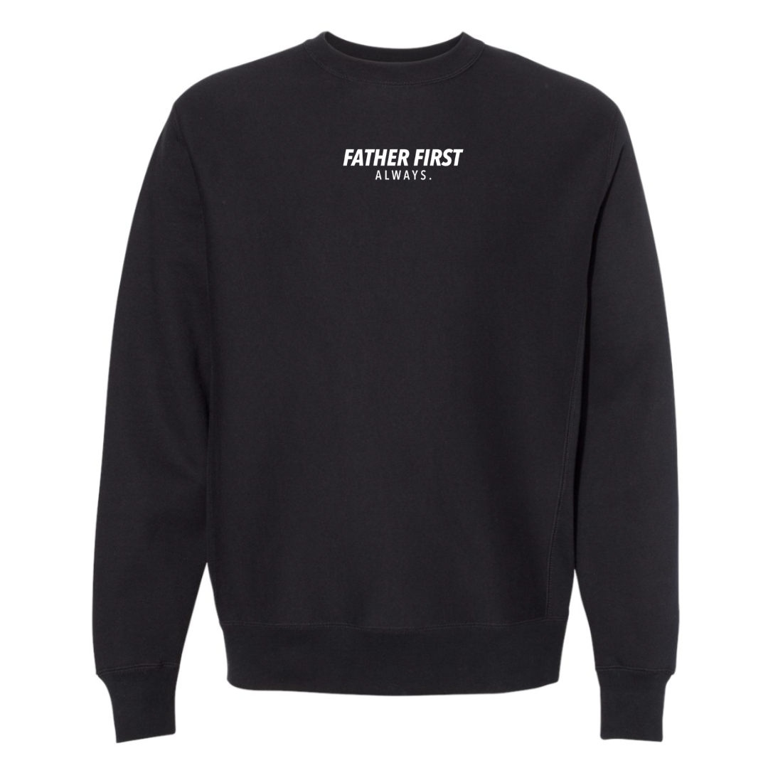 Father First Always fleece pullover with subtle front collar design, soft unisex sweatshirt for dads from Branded & Labeled