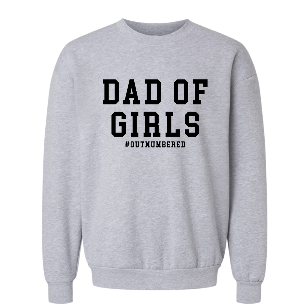 Outnumbered dad fleece pullover with bold graphic text, soft unisex sweatshirt for fathers of daughters