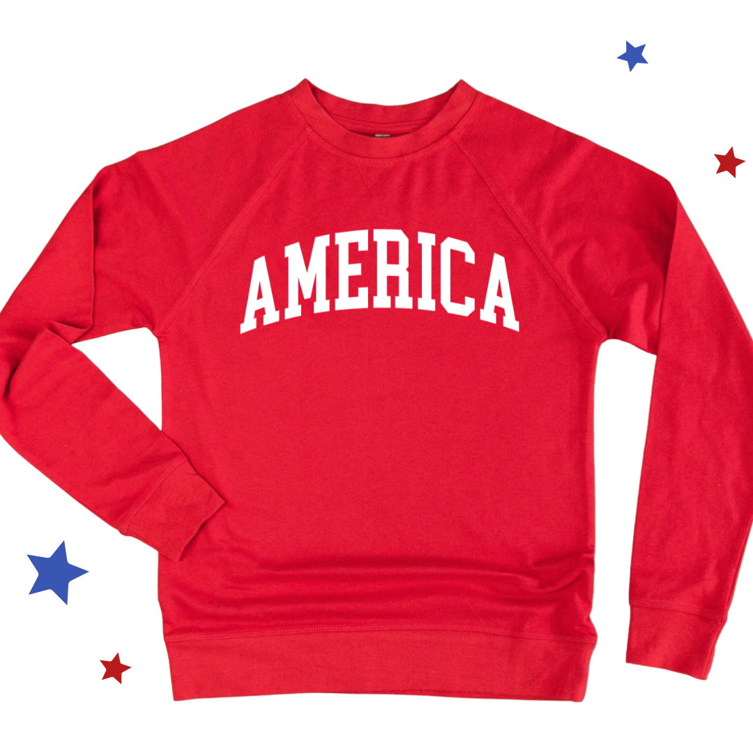 Adult luxe terry crew sweatshirt featuring oversized varsity-style “America” lettering, part of the American Classics Collection by Branded & Labeled.