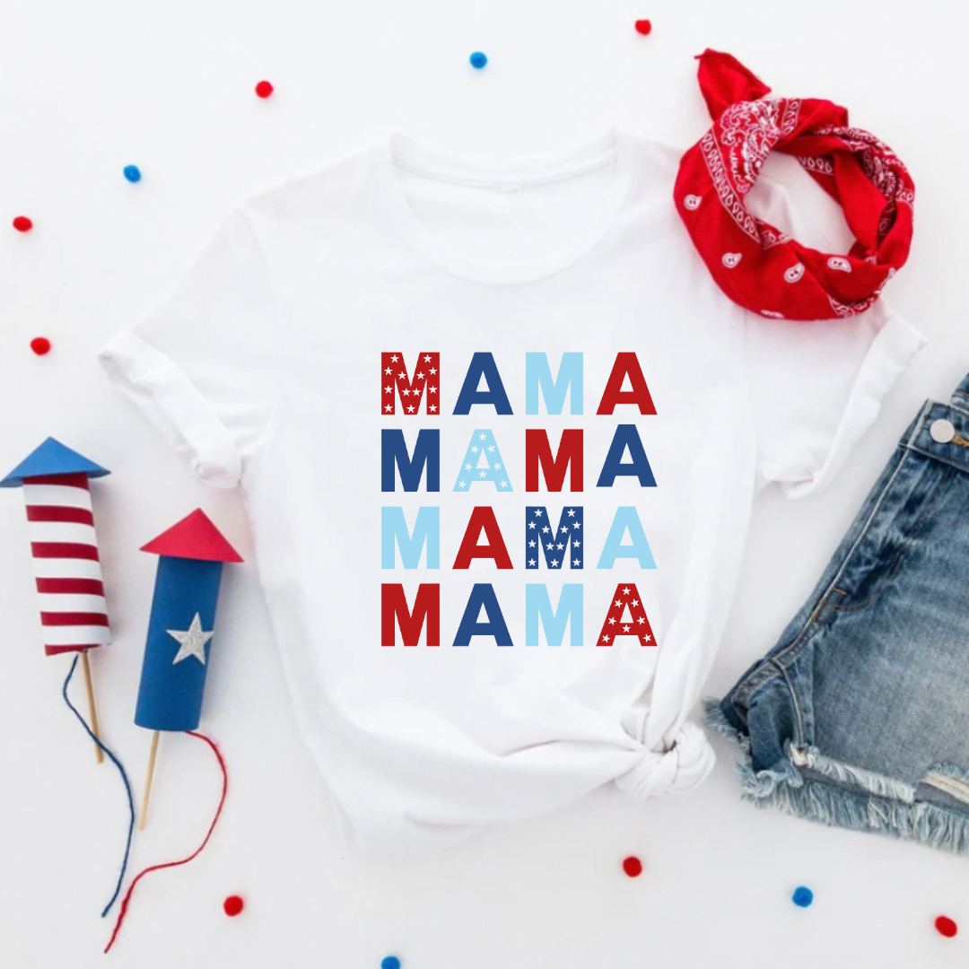 Adult everyday graphic tee featuring repeated “mama” text in alternating red, navy, and light blue colors, part of the American Classics Collection by Branded & Labeled.