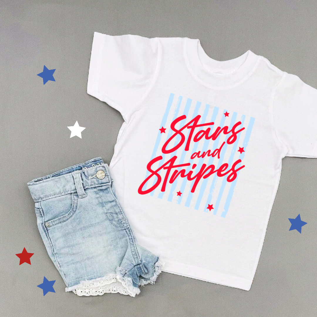 Kids graphic tee featuring a stars and stripes inspired patriotic design in red, white, and blue, part of the American Classics Collection by Branded & Labeled.
