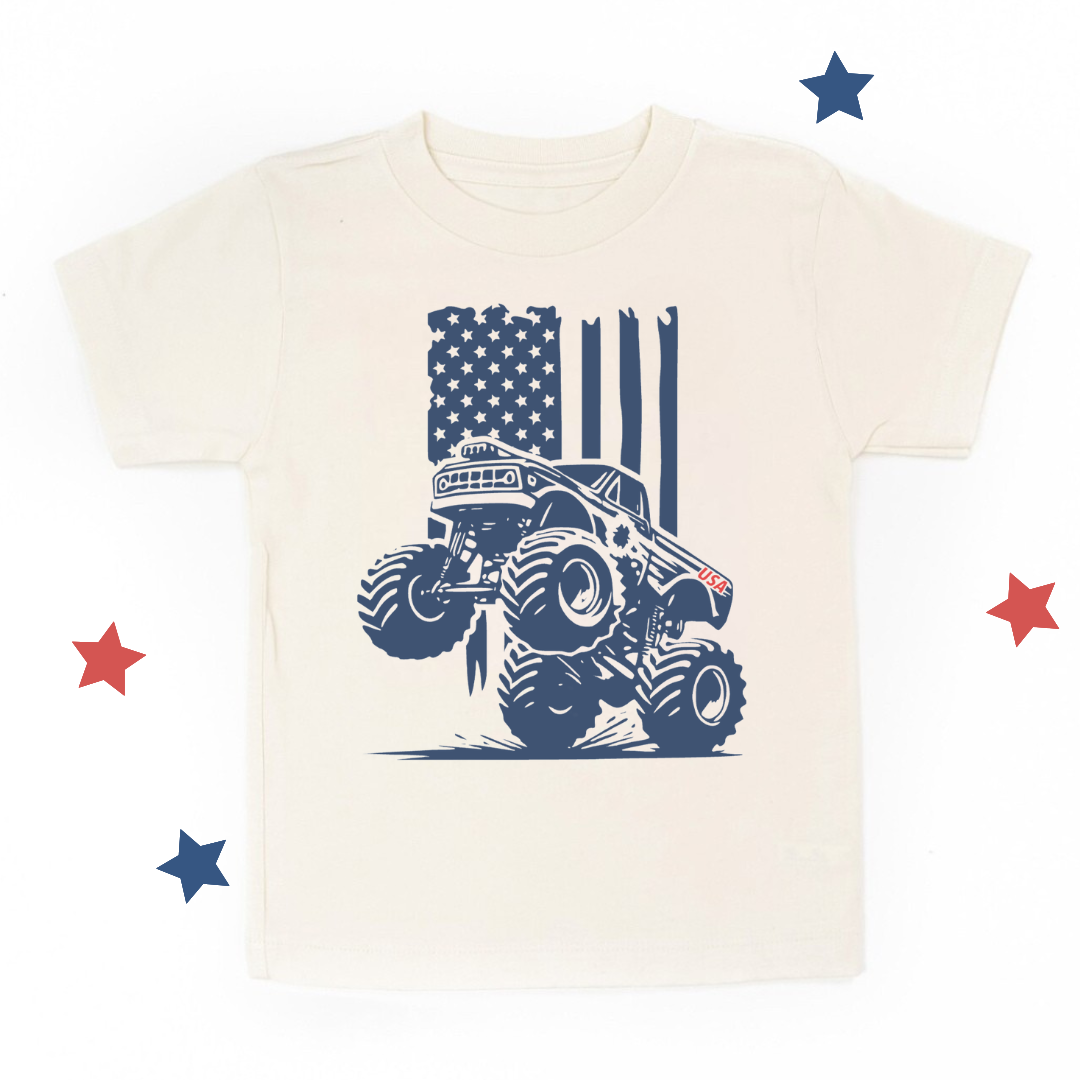 Kids graphic tee featuring a vintage-style truck with a distressed American flag and USA design from the American Classics Collection by Branded & Labeled.