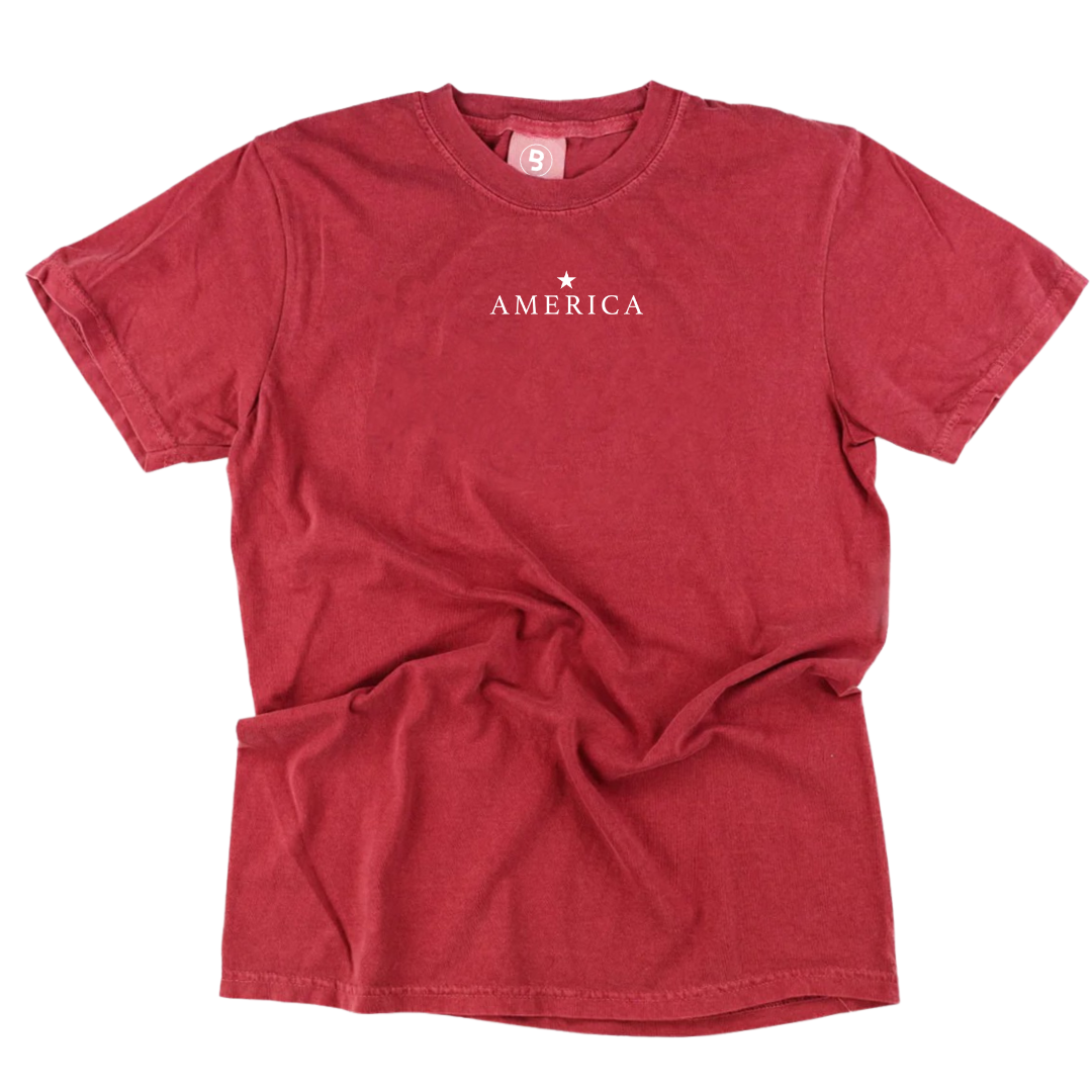 Adult premium graphic tee featuring a subtle vintage-inspired “America” design with a single star printed near the collar, part of the American Classics Collection by Branded & Labeled.