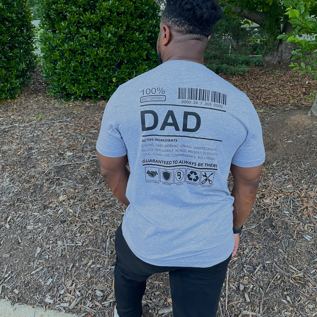 24/7/365 Dad graphic tee with ingredient list style back design from Branded & Labeled
