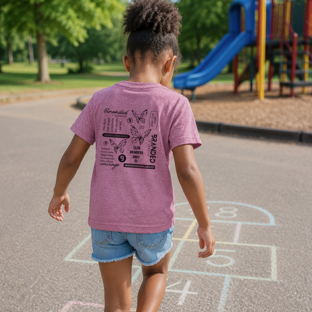 Young girl wearing the New Beginnings kids tee design featuring an inspirational message about growth, fresh starts, and embracing new chapters while playing outdoors at a playground.